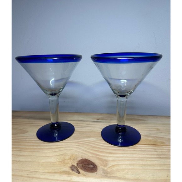 Handmade Other - Mexican Hand Blown Martini Glasses, Blue, Sturdy, Set of 2